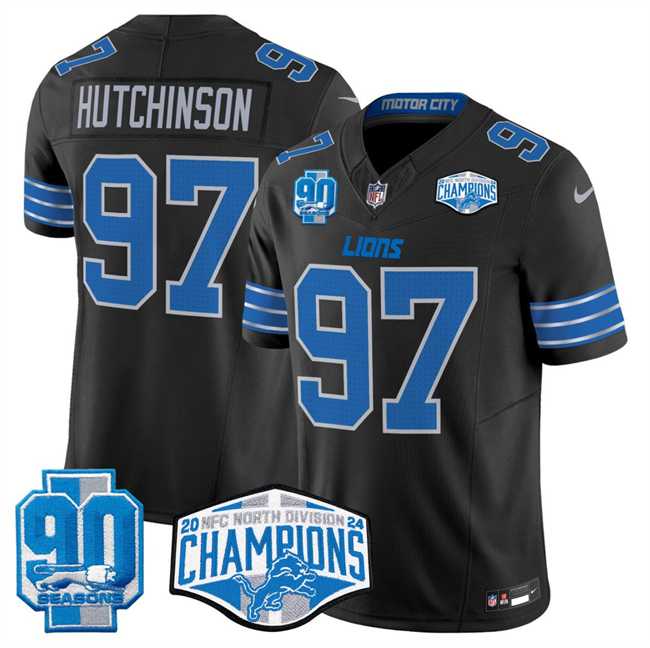 Mens Detroit Lions #97 Aidan Hutchinson Black 2024 NFC North Champions 90th Anniversary Patch F.U.S.E. Vapor Limited Stitched Jersey